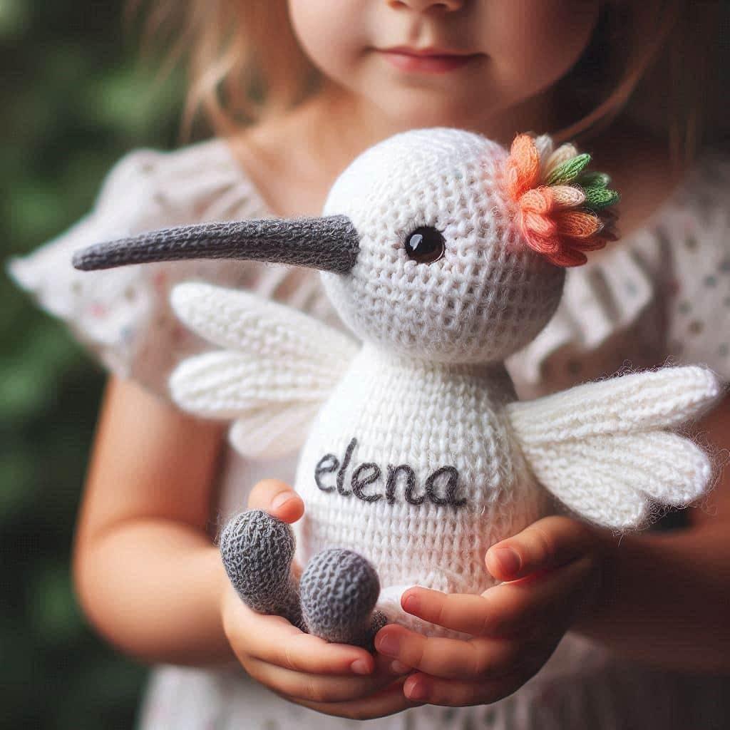 Peluche colibri en tricotin personnalisee avec le prenom elena