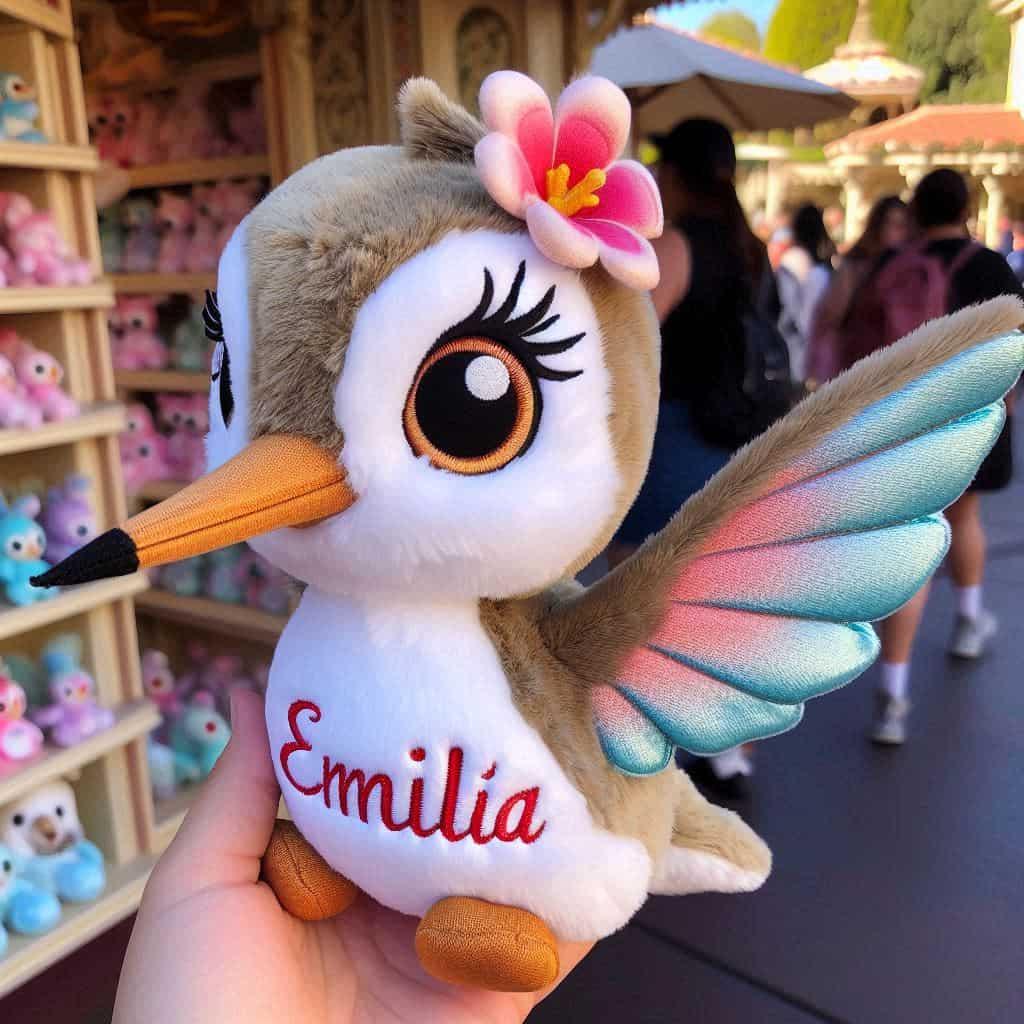 Peluche colibri personnalisee avec le prenom emilia style disney