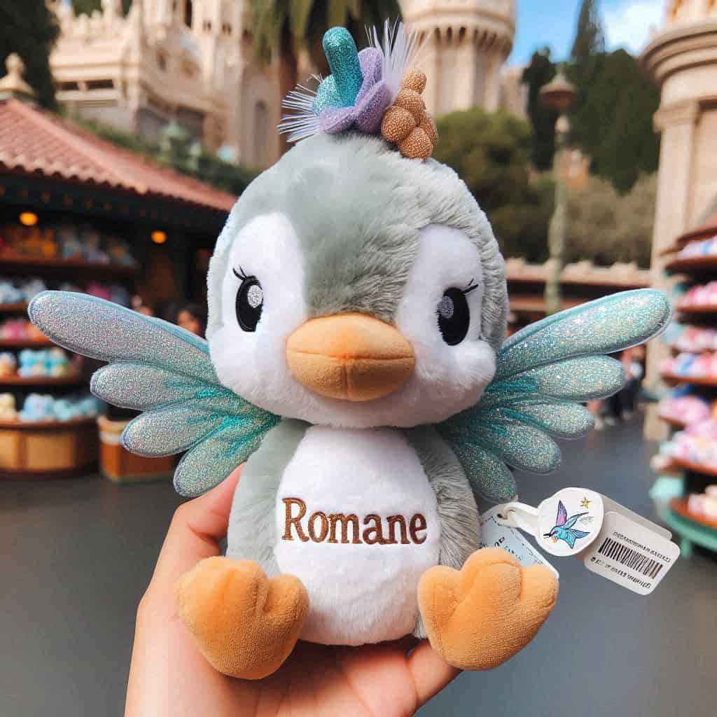 Peluche colibri personnalisee avec le prenom romane style disneyland