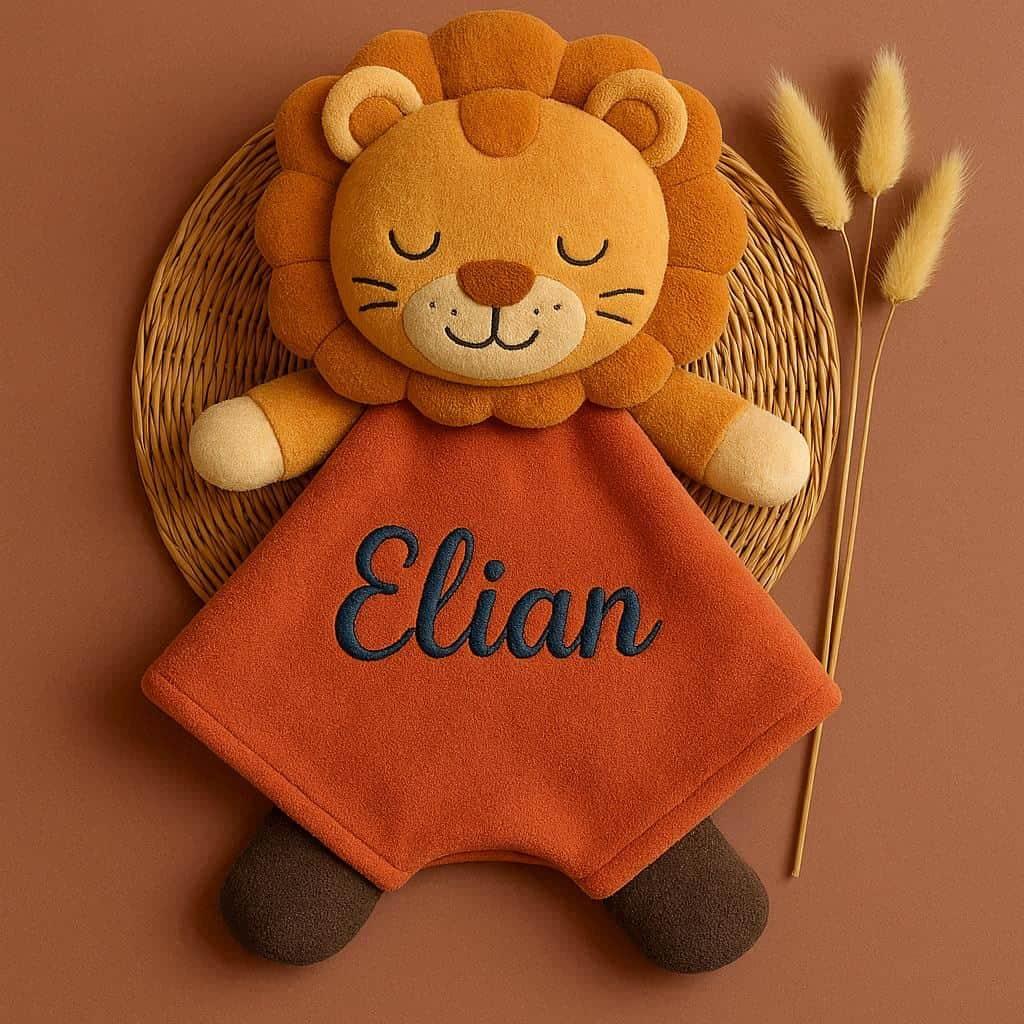 Peluche doudou lion personnalise avec le prenom elian cadeau bebe fait main