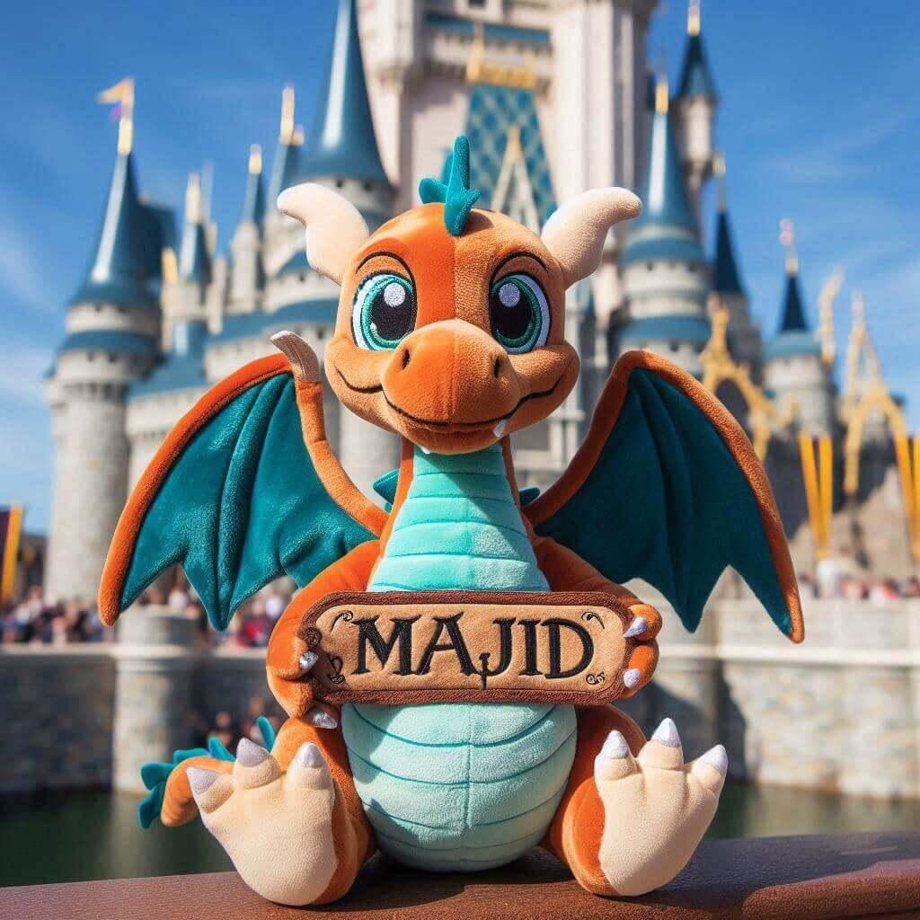 Peluche dragon amical personnalisee avec le prenom majid