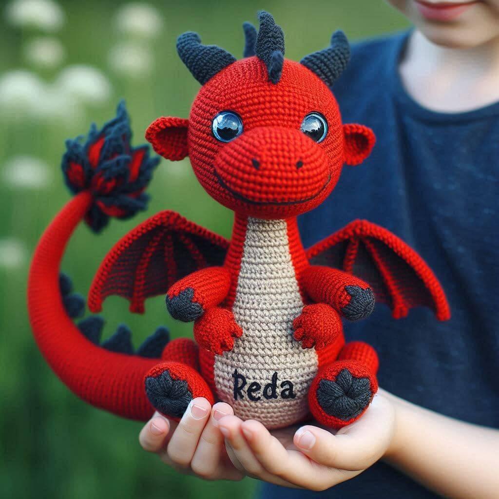 Peluche dragon au crochet avec le prenom reda