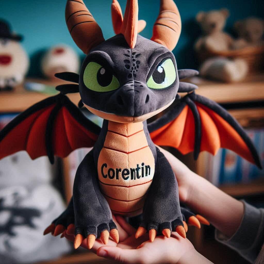 Peluche dragon avec le prenom corentin ecrit en francais dans les mains dun petit garcon style disney 1