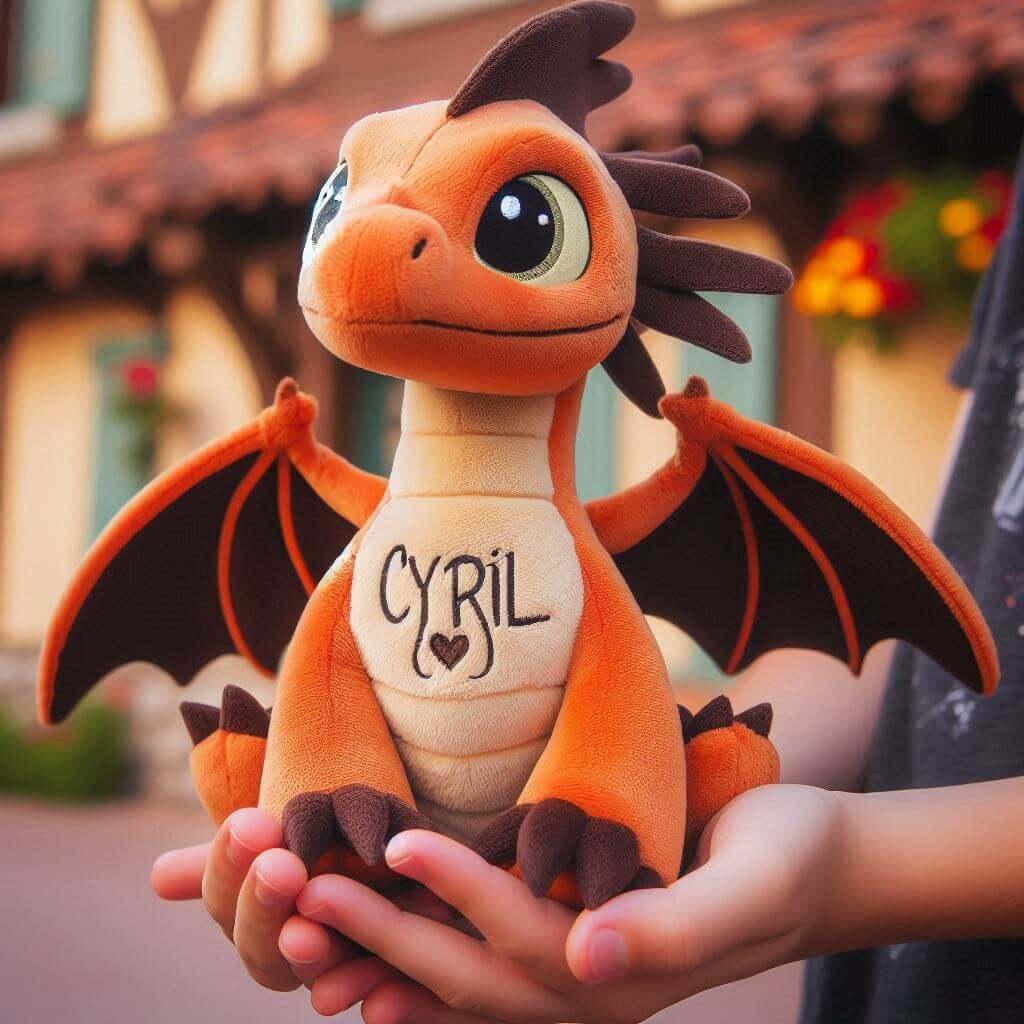Peluche dragon avec le prenom cyril ecrit en francais dans les mains d un enfant style disney 1 1