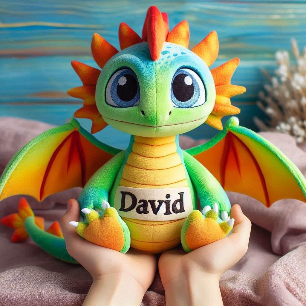 Peluche dragon avec prenom david dans les mains dun petit garcon couleurs vives 1