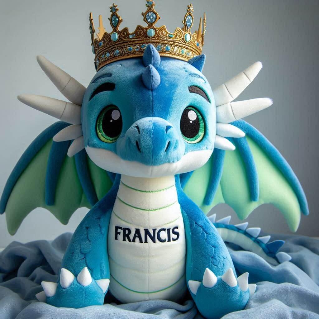 Peluche dragon avec une couronne avec le prenom francis