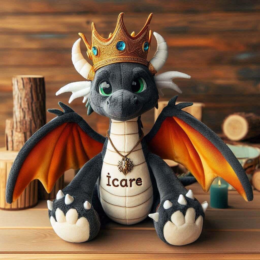 Peluche dragon avec une couronne avec le prenom icare