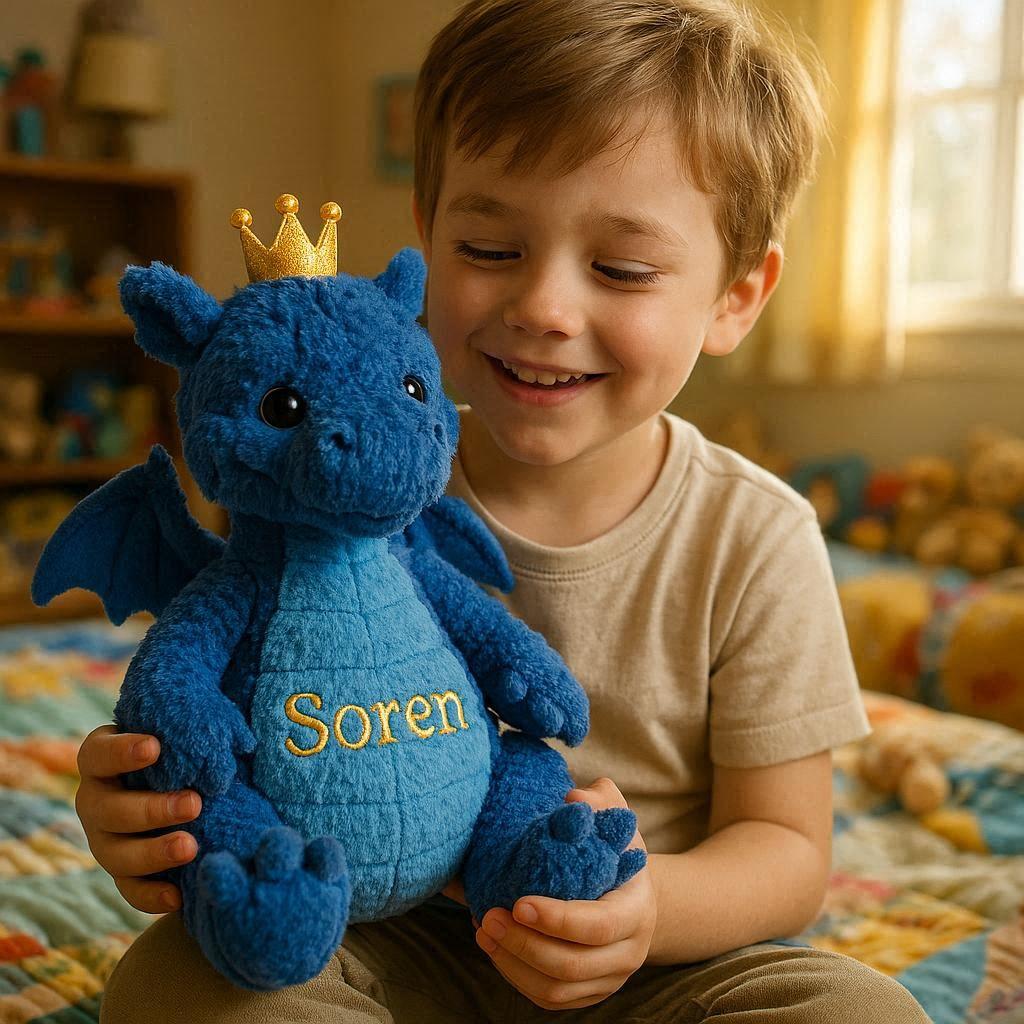 Peluche dragon bleu roi realisee au crochet et personnalisee avec le prenom soren dans les bras d un enfant heureux