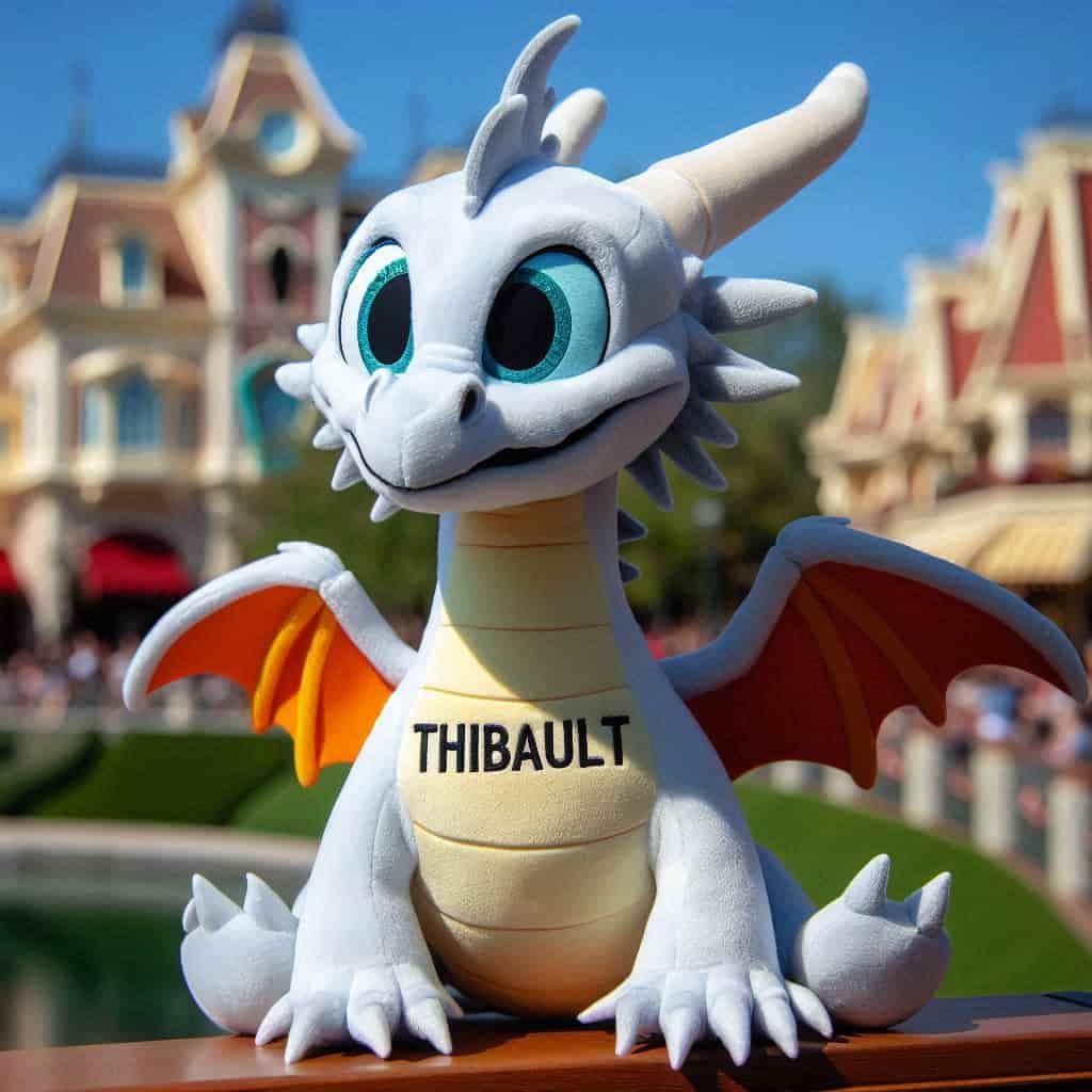 Peluche dragon couleur bleue clair personnalisee avec le nom thibault a disneyland