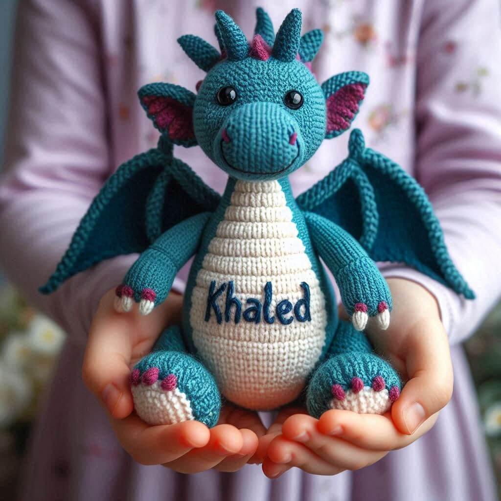 Peluche dragon en tricotin avec le prenom khaled