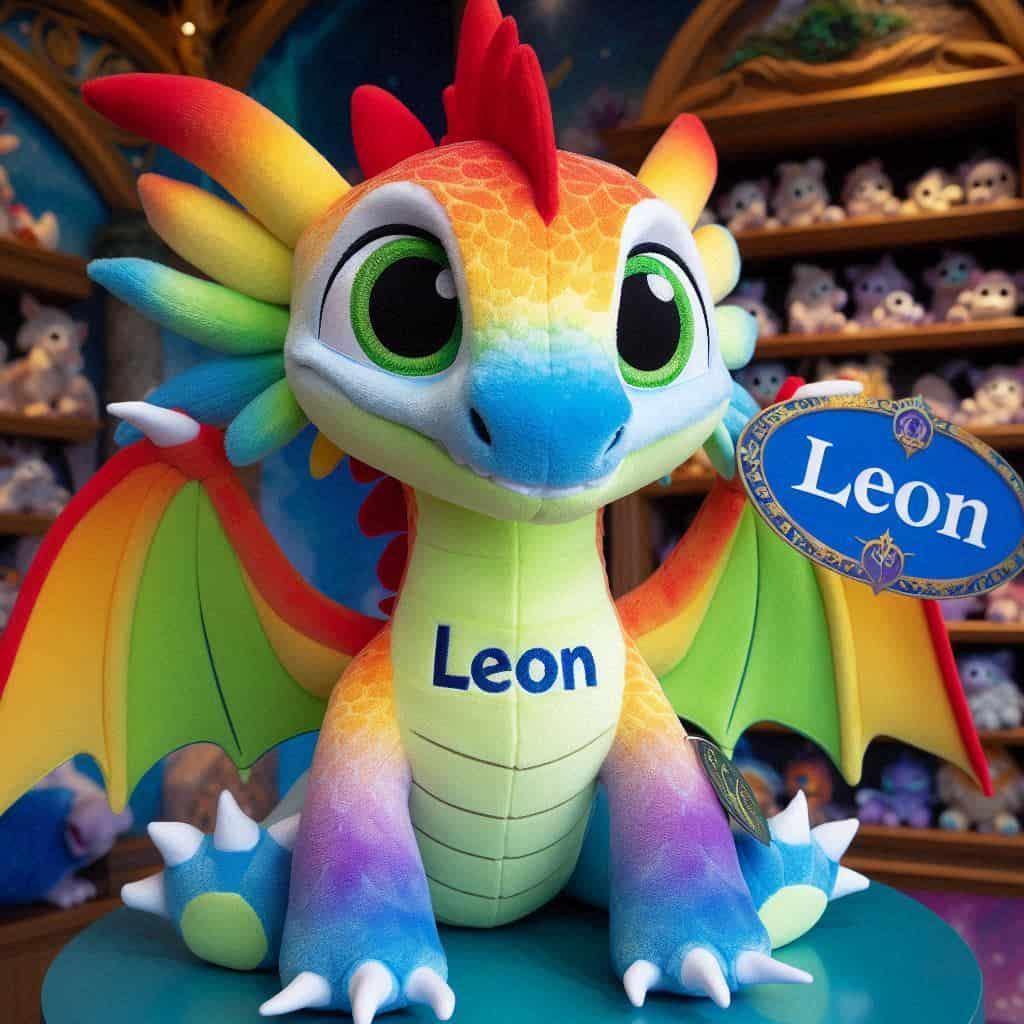 Peluche dragon multicolore avec le prenom leon