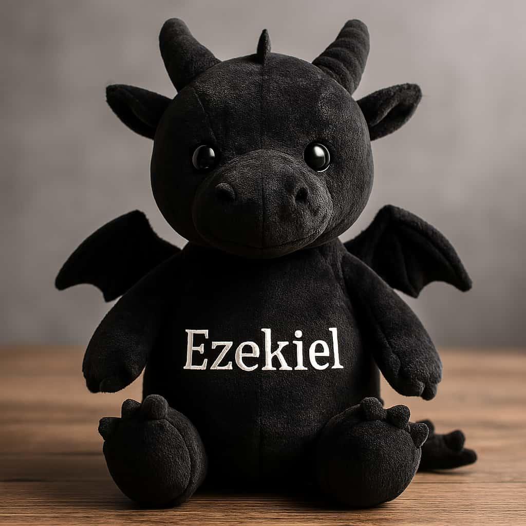 Peluche dragon noire personnalisee avec le prenom ezekiel