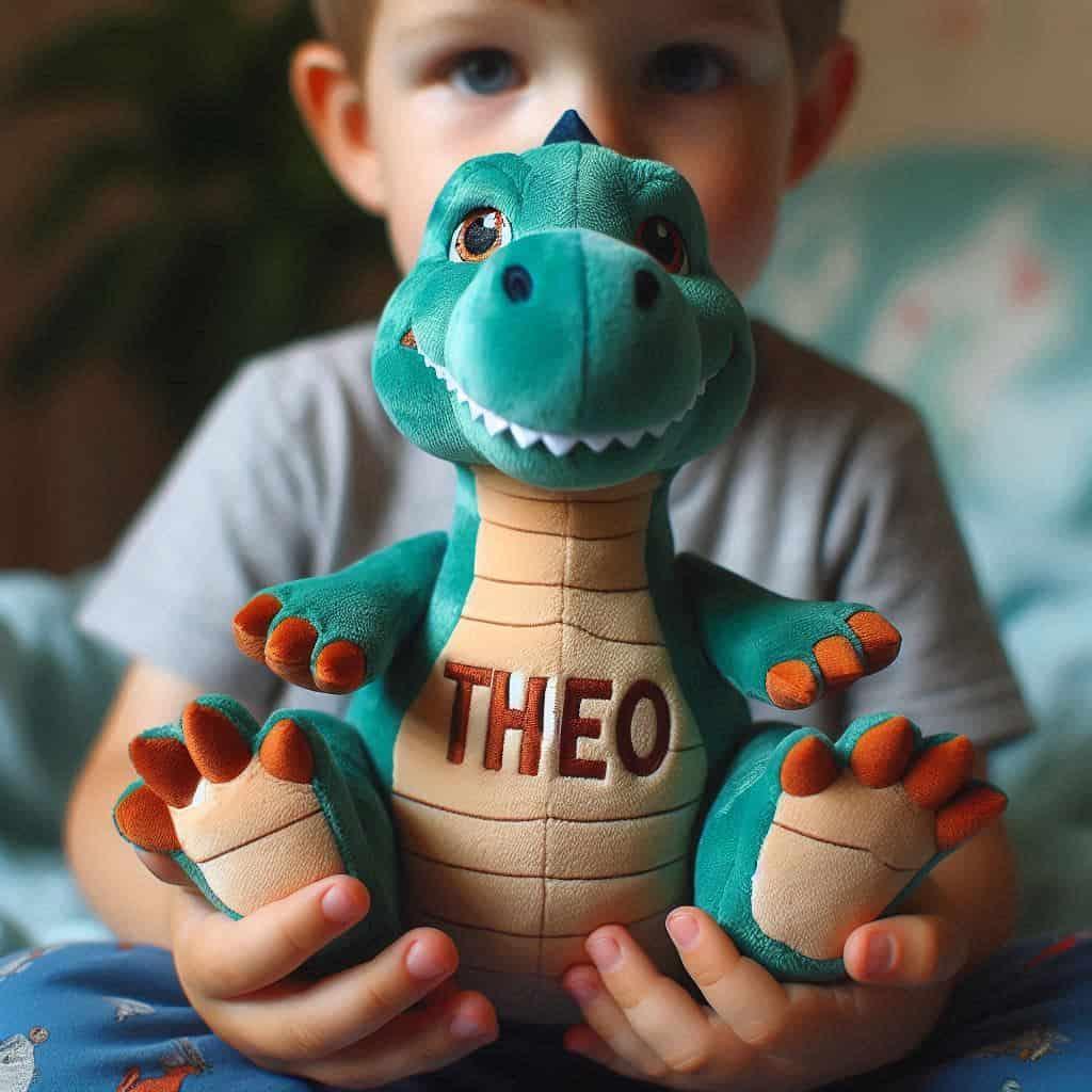 Peluche dragon personnalisee avec le prenom theo