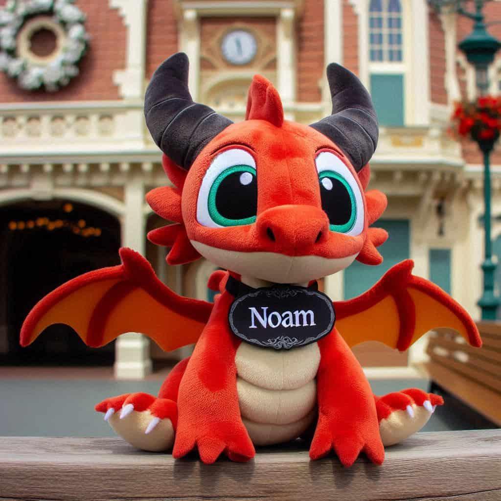 Peluche dragon rouge personnalisee avec le prenom noam