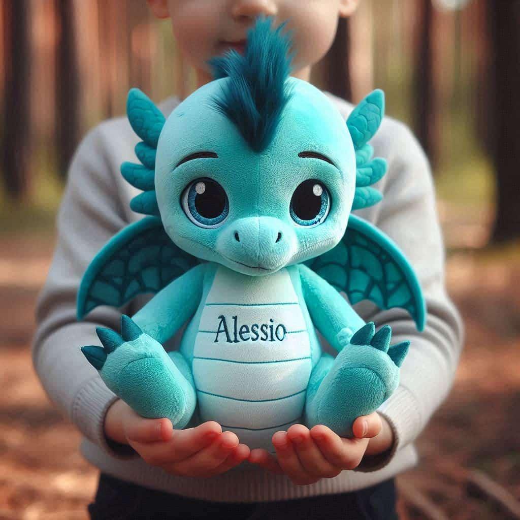 Peluche dragon turquoise personnalisee avec le prenom alessio