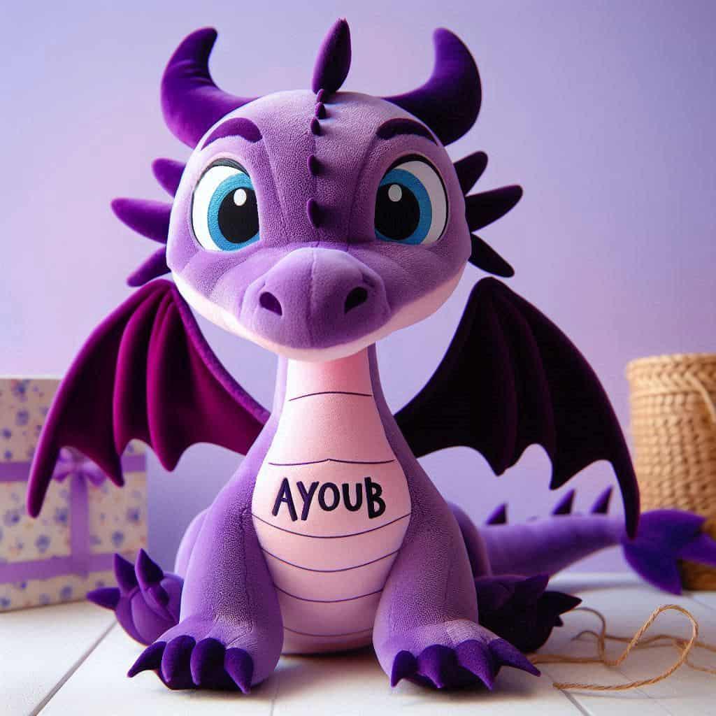 Peluche dragon violet personnalise avec le prenom ayoub deco disney