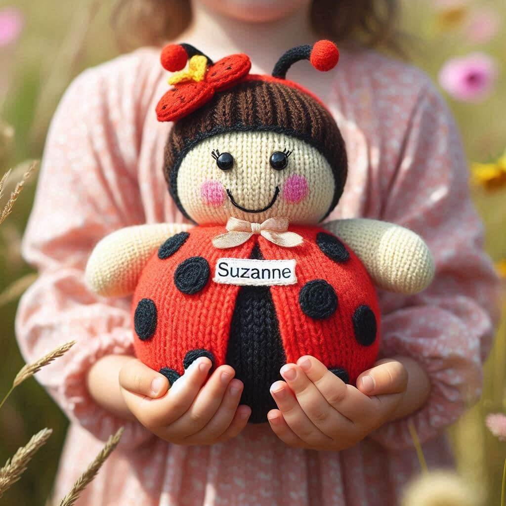 Peluche en tricotin avec le prenom suzanne theme coccinelle