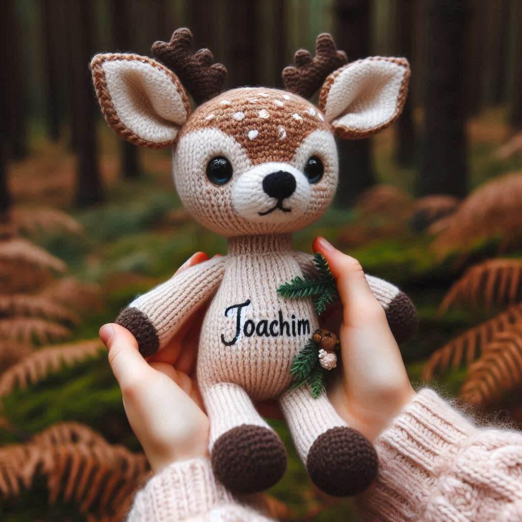 Peluche faon au crochet personnalisee avec le prenom joachim