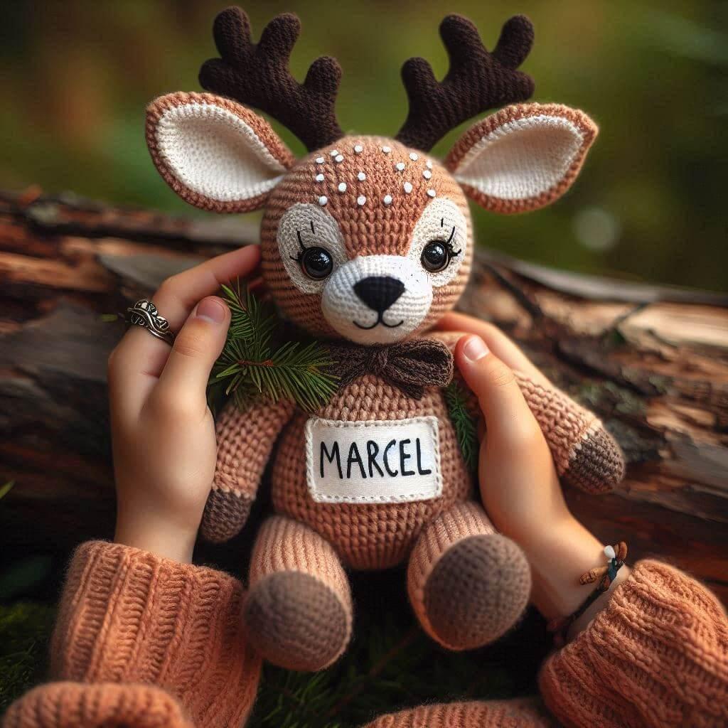 Peluche faon en tricotin avec le prenom marcel