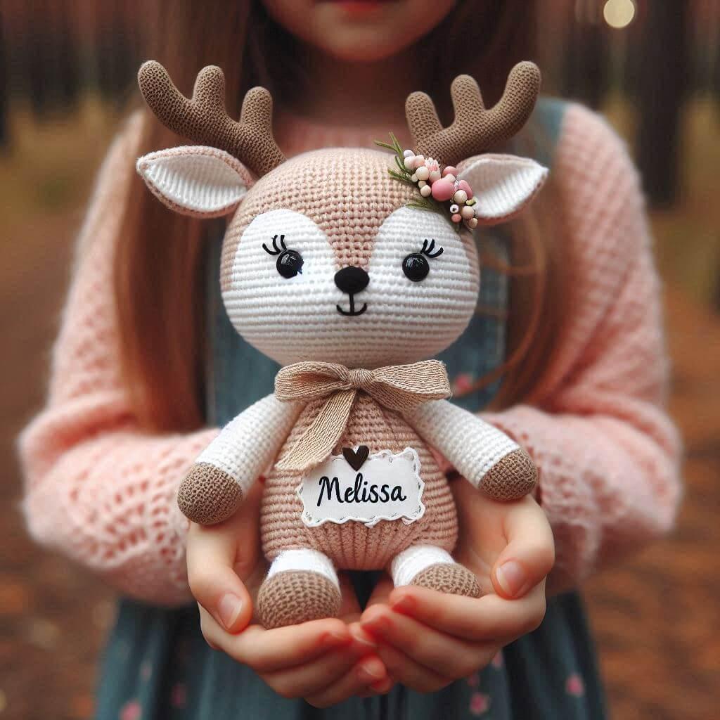 Peluche faon en tricotin avec le prenom melissa