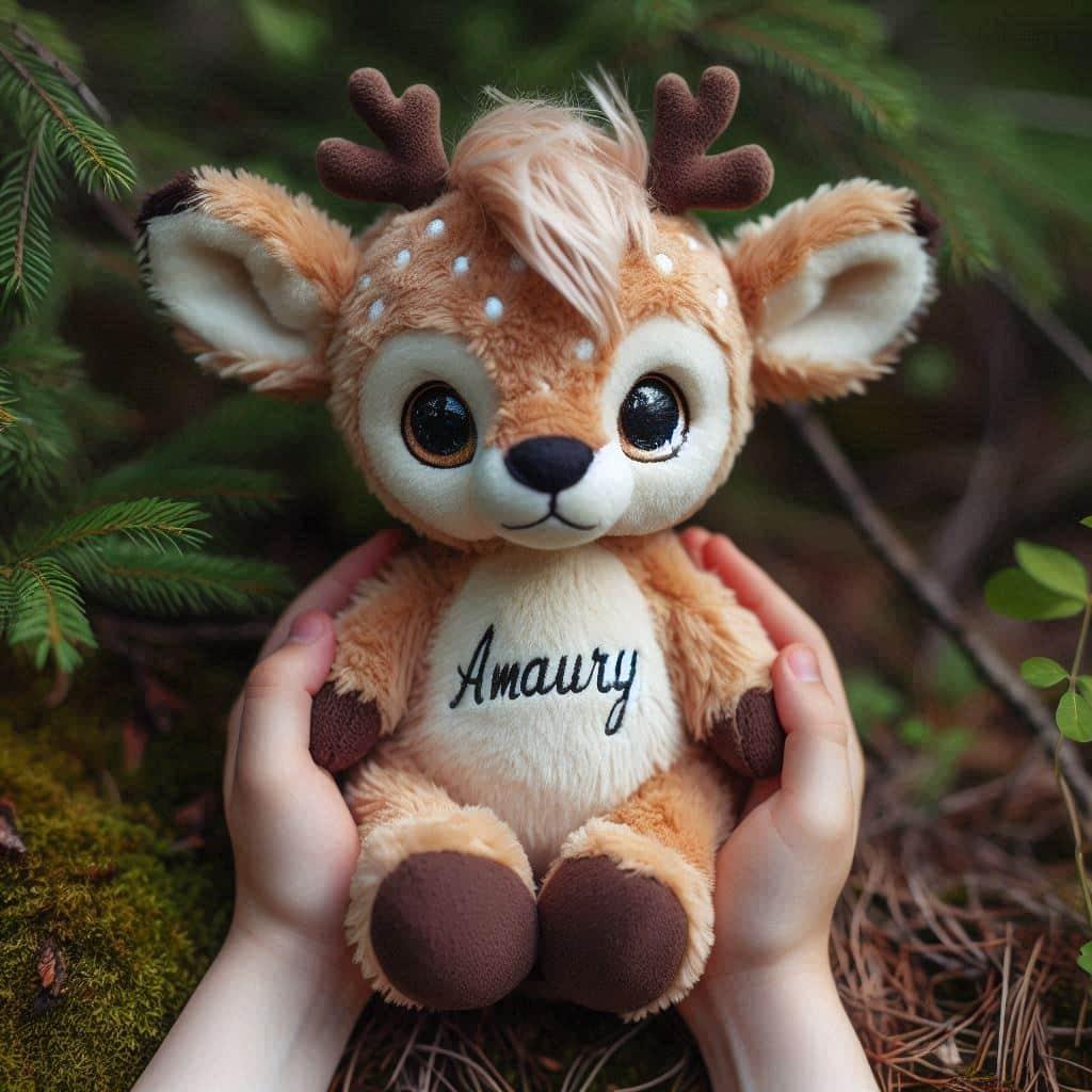Peluche faon personnalisee avec le prenom amaury