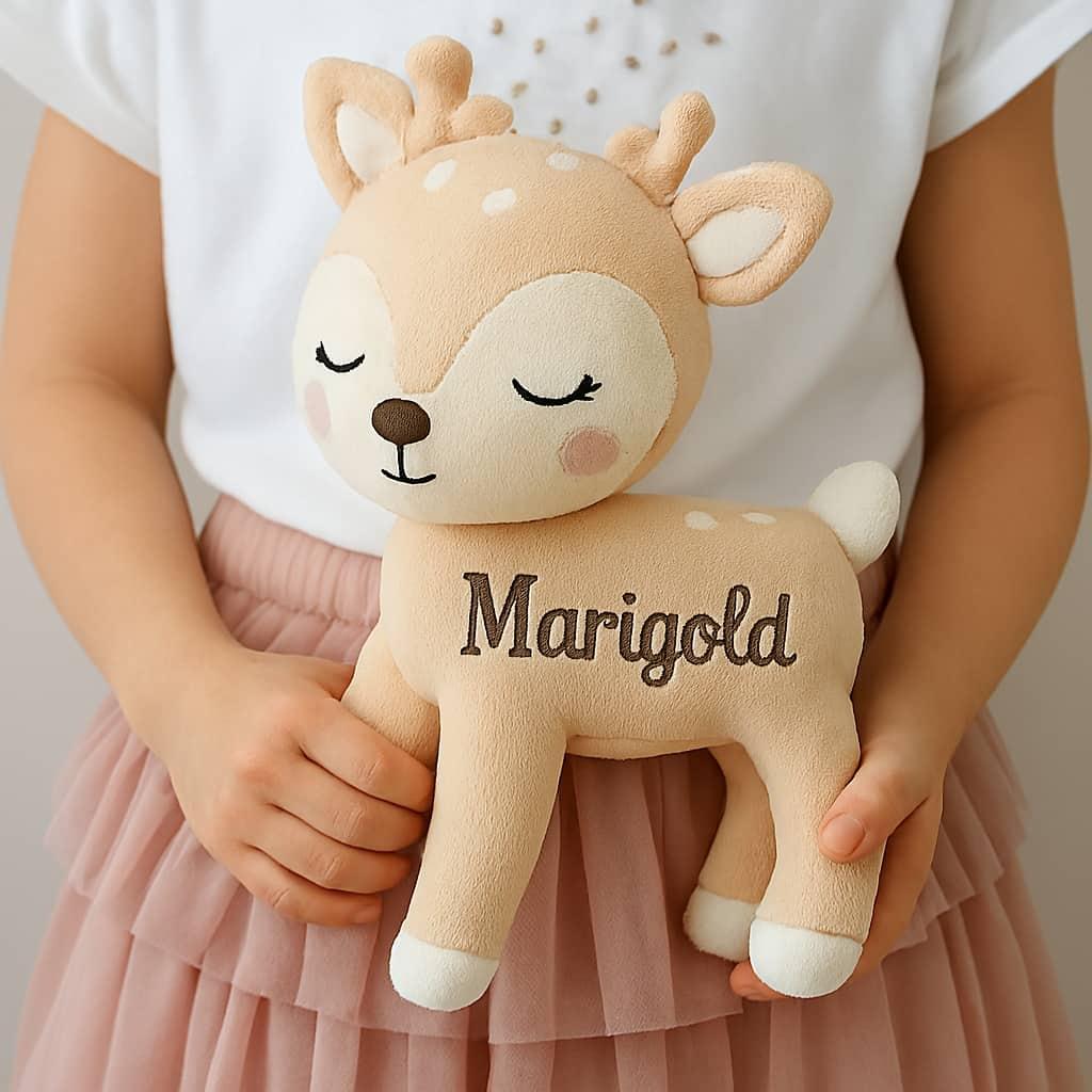 Peluche faon personnalisee avec le prenom marigold couleurs douces