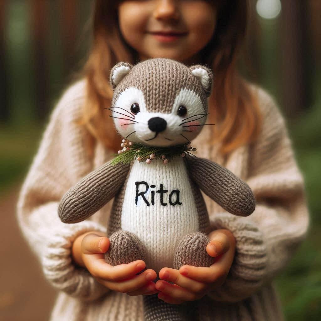 Peluche furet en tricotin personnalisee avec le prenom rita