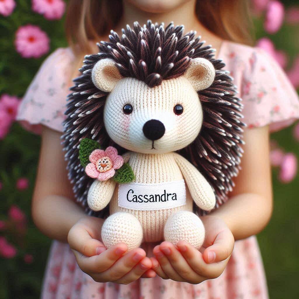 Peluche herisson en tricotin avec le prenom cassandra tenu dans les mains d une petite fille cassandra 1 1