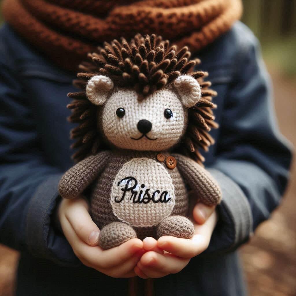 Peluche herisson en tricotin avec le prenom prisca