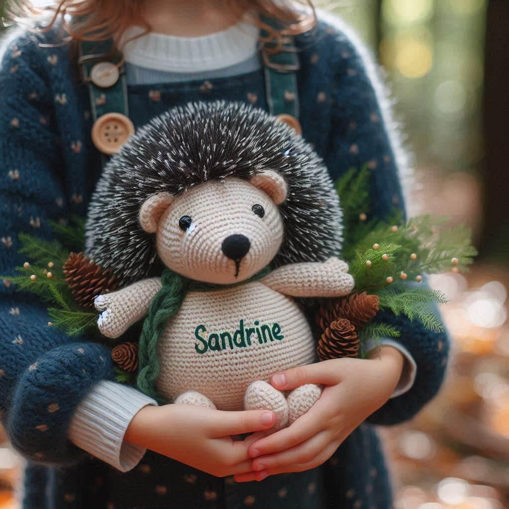 Peluche herisson en tricotin avec le prenom sandrine brode tenu par un enfant