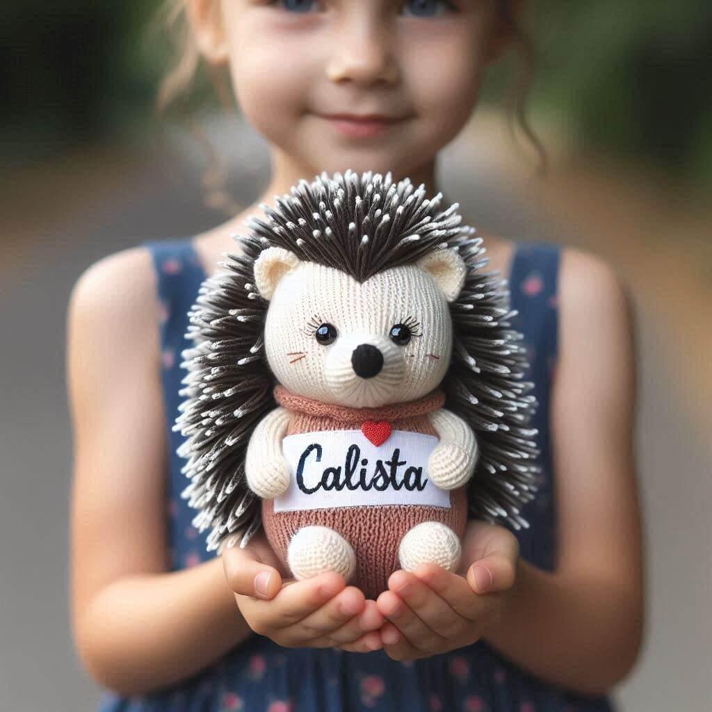 Peluche herisson en tricotin personnalisee avec le prenom calista