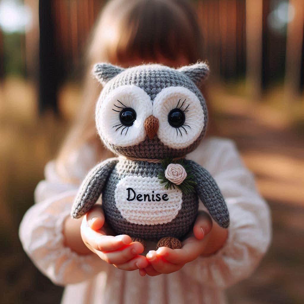 Peluche hibou au crochet avec le prenom denise