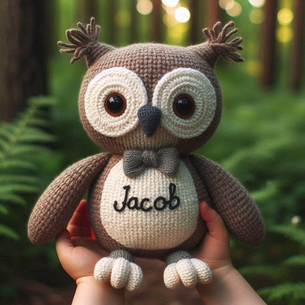 Peluche hibou au crochet personnalisee avec le prenom jacob