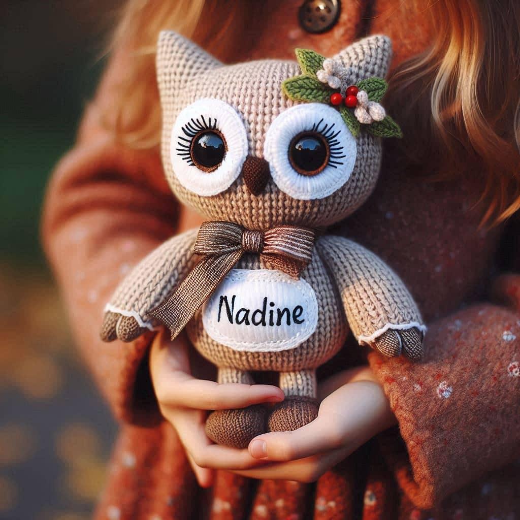 Peluche hibou au crochet personnalisee avec le prenom nadine