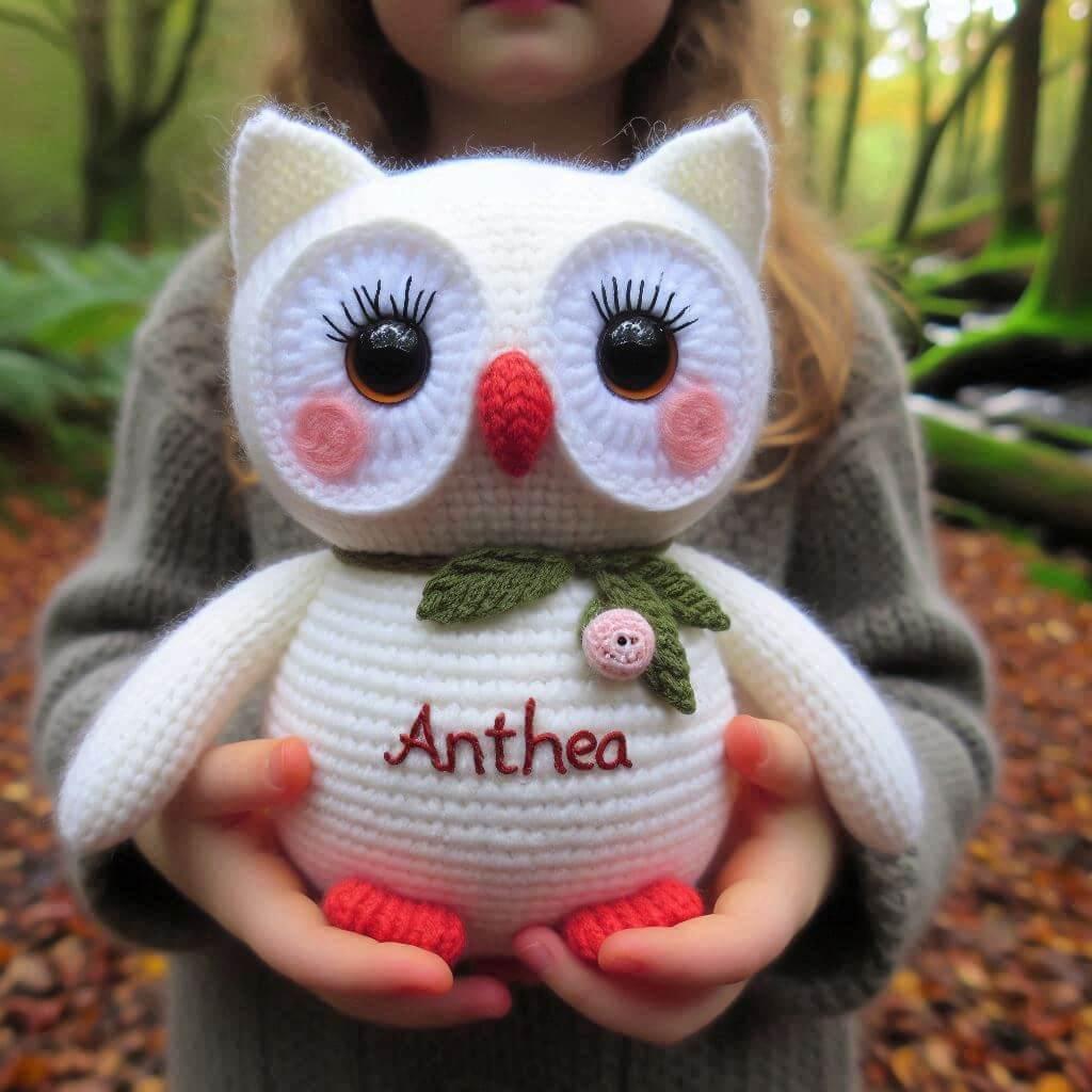 Peluche hibou en tricotin avec le prenom anthea