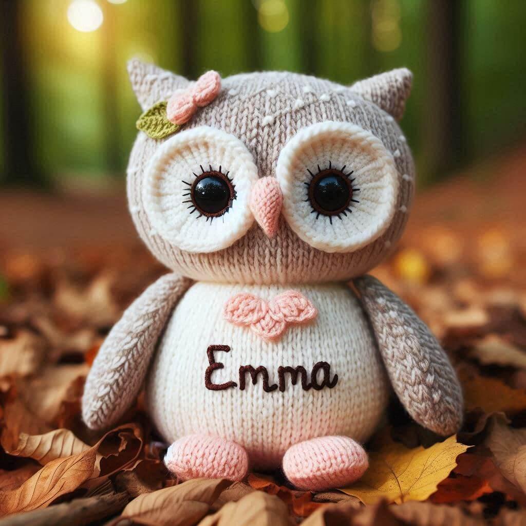 Peluche hibou en tricotin avec le prenom emma brode dans la foret 1