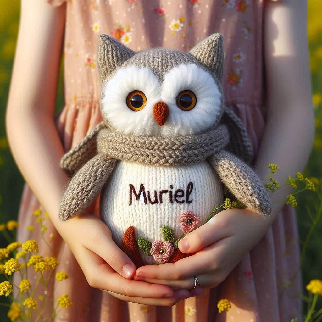 Peluche hibou en tricotin avec le prenom muriel