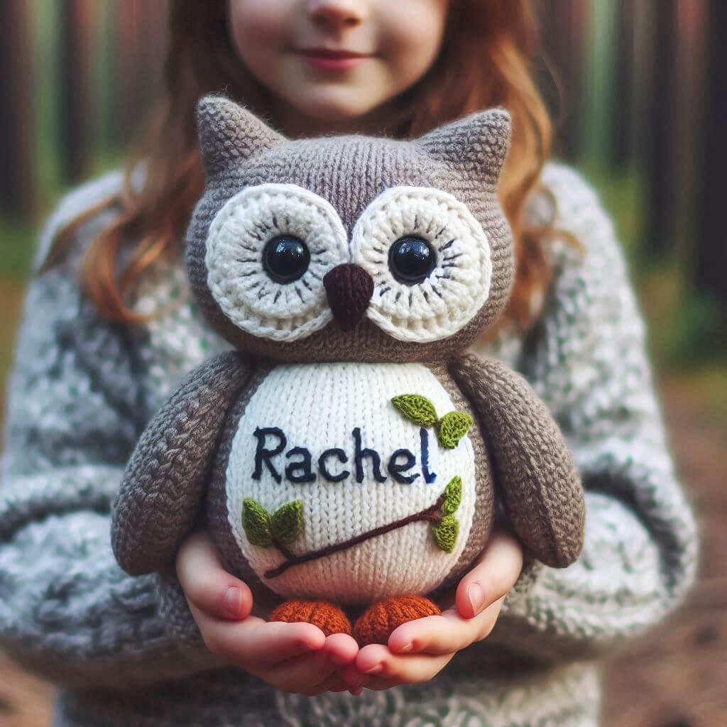 Peluche hibou en tricotin avec le prenom rachel brode