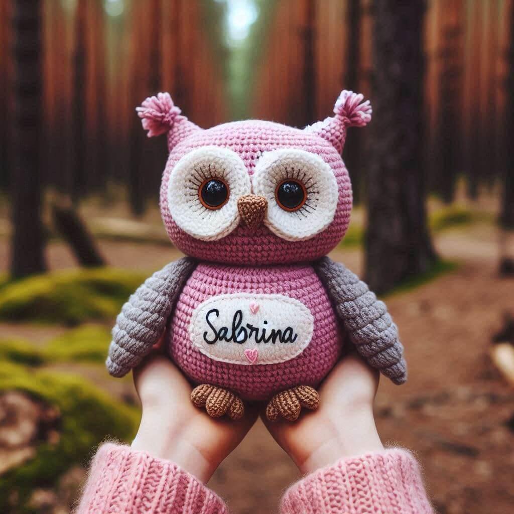 Peluche hibou en tricotin avec le prenom sabrina brode