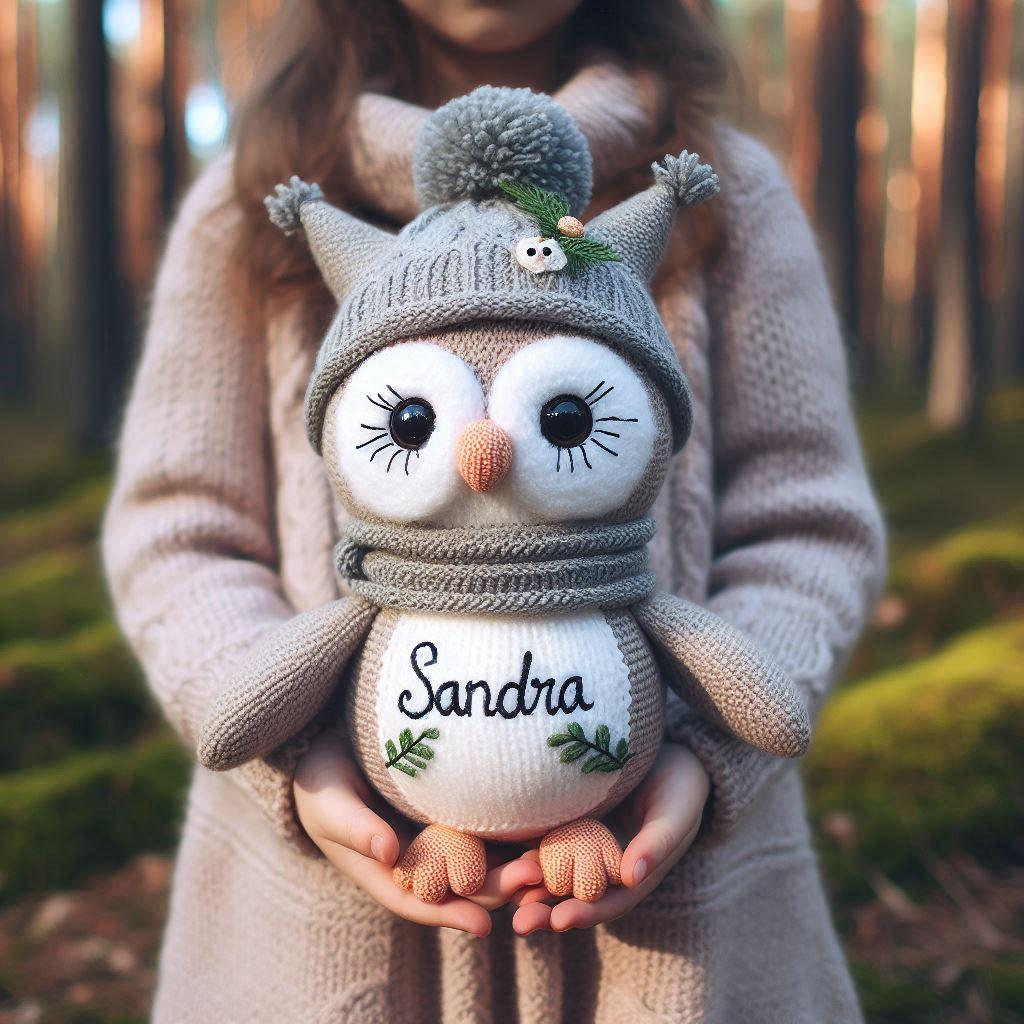 Peluche hibou en tricotin avec le prenom sandra brode