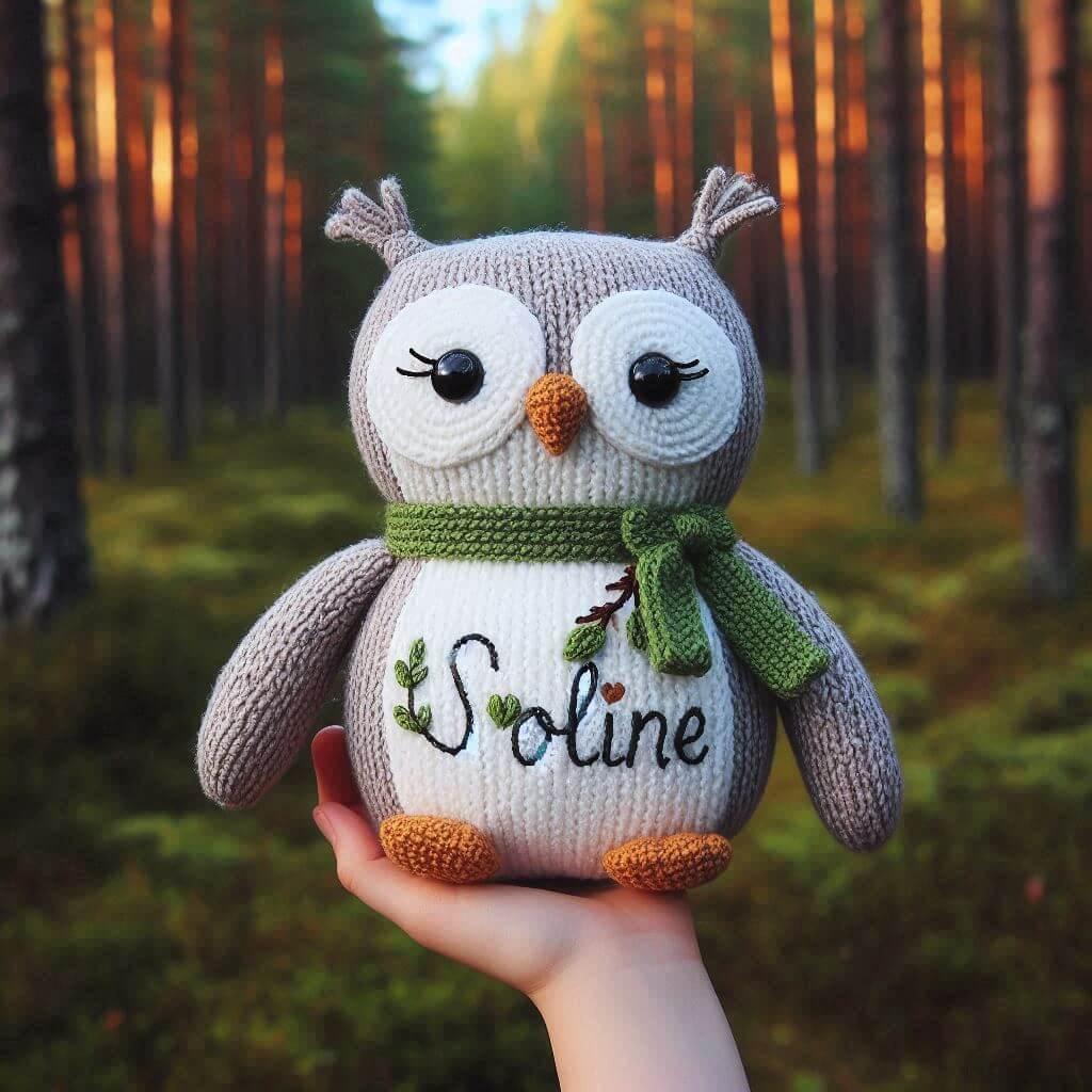 Peluche hibou en tricotin avec le prenom soline