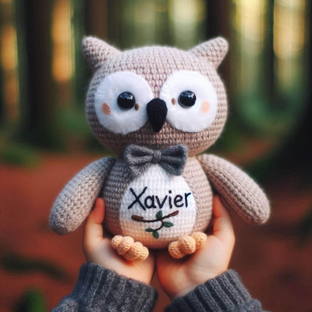 Peluche hibou en tricotin avec le prenom xavier brode tenu par un enfant dans la foret 1