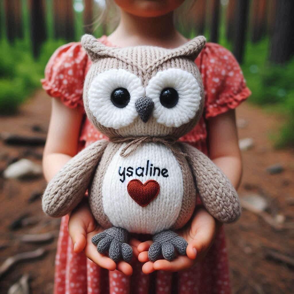 Peluche hibou en tricotin avec le prenom ysaline