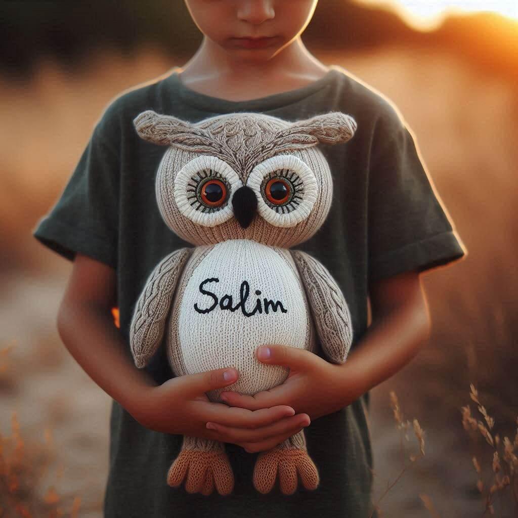 Peluche hibou en tricotin personnalisee avec le prenom salim