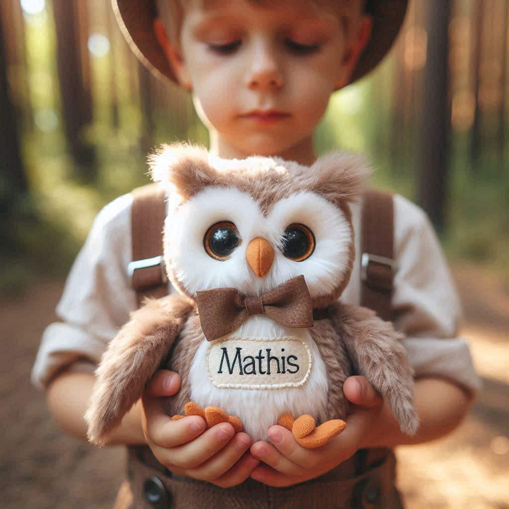 Peluche hibou personnalisee avec le prenom mathis
