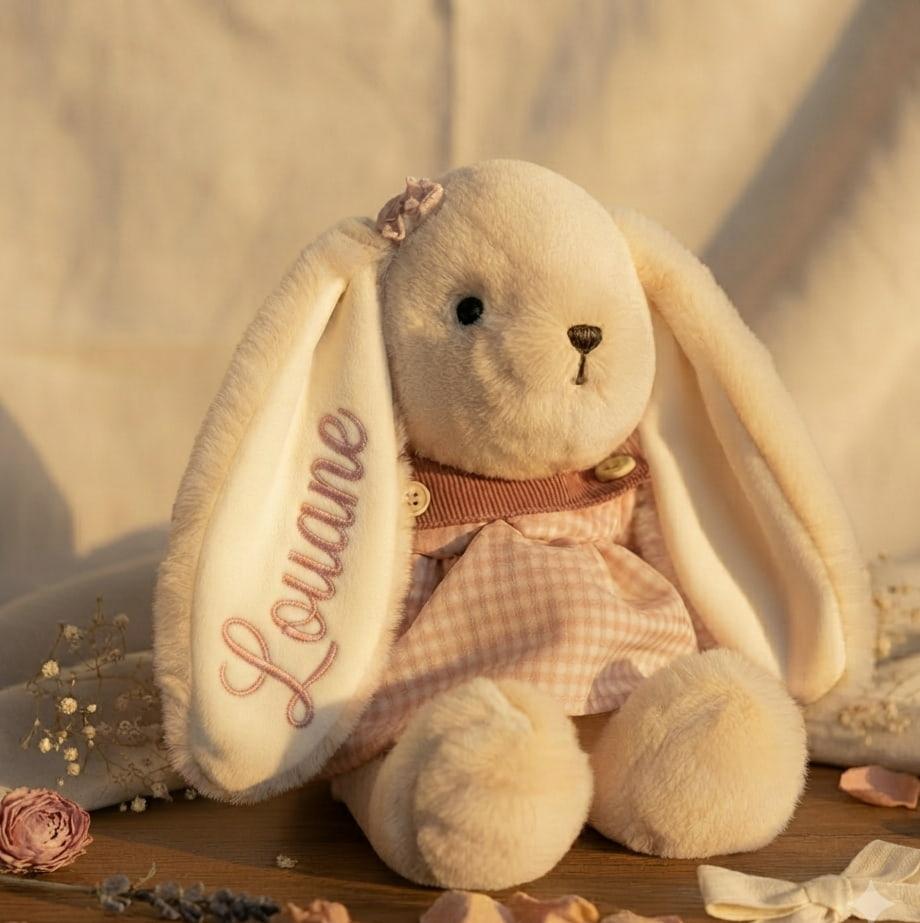 Peluche lapin personnalisée avec le prénom Louane brodé sur l’oreille, robe vichy rose, style artisanal et bohème