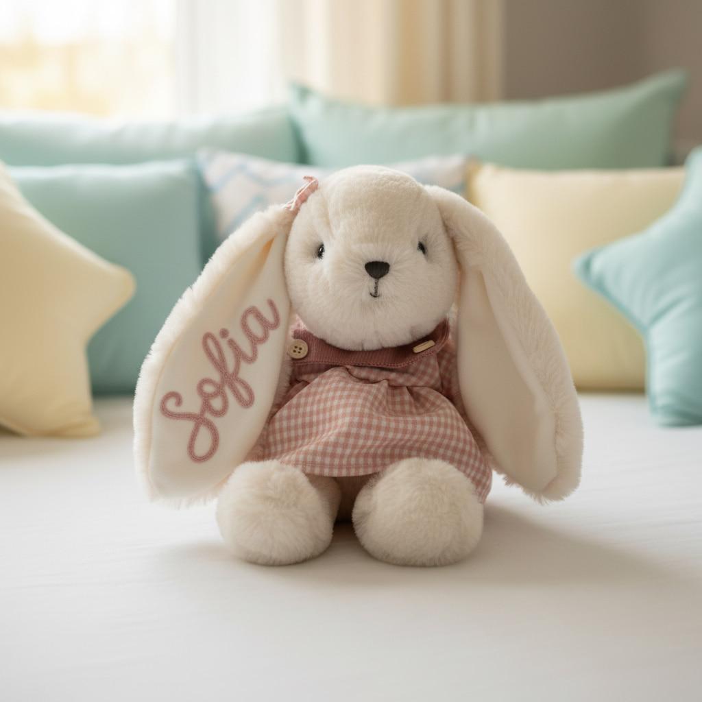 Peluche lapin personnalisée avec le prénom Sofia brodé dans l’oreille