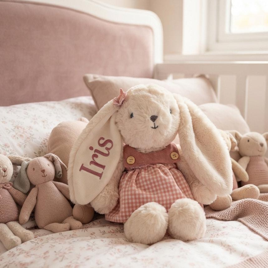 Peluche lapin crème avec robe vichy rose et prénom Iris brodé dans l’oreille.