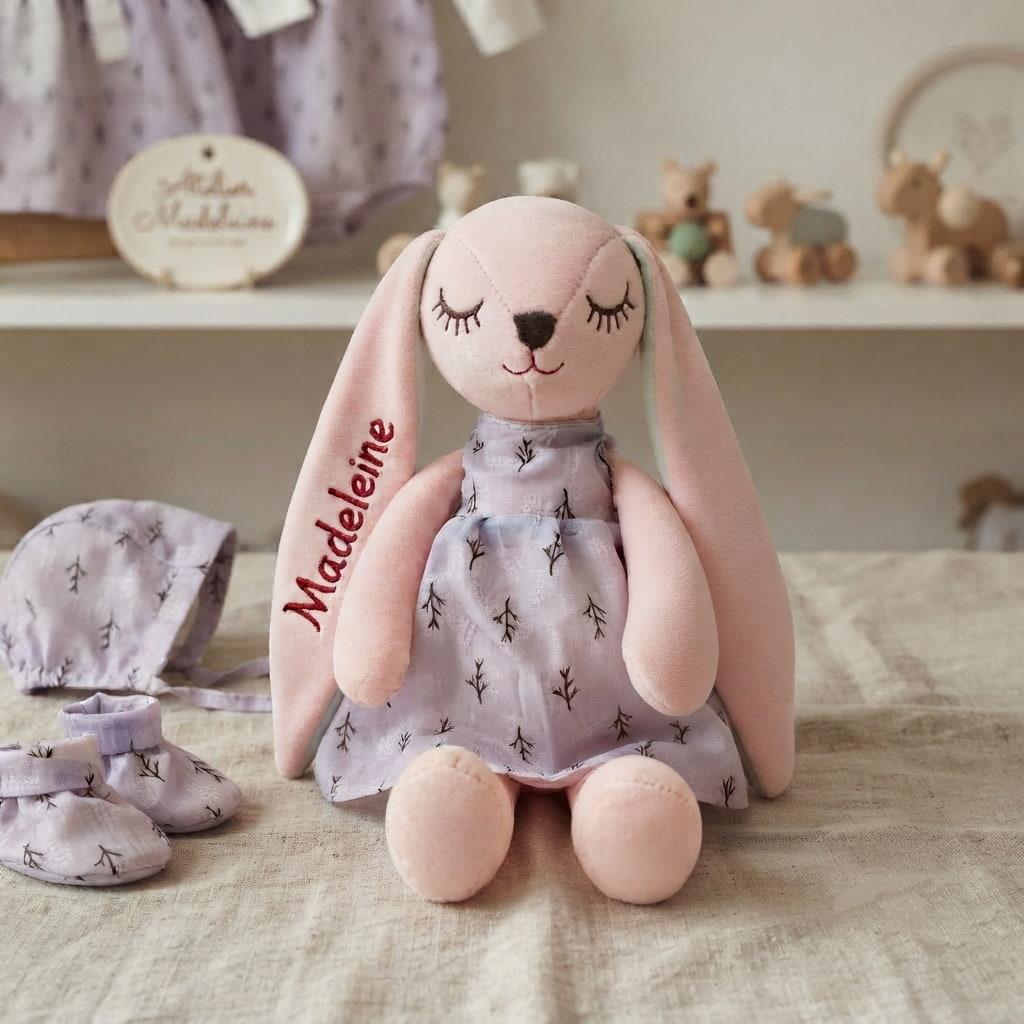 Peluche lapin rose personnalisée Madeleine