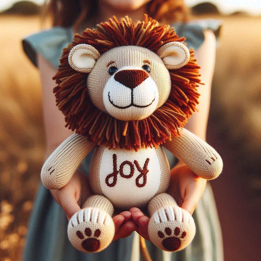 Peluche lion au crochet personnalise avec le prenom joy